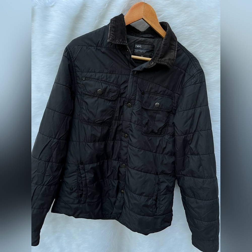 Next Geey Black Quilted Jacket with Denim Collar - Picture 1 of 8